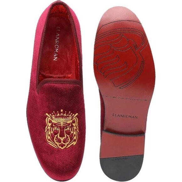 Elanroman Mens Rich Red Velvet Loafers Size 44 (10) Embroidered Tiger Design - Picture 10 of 13